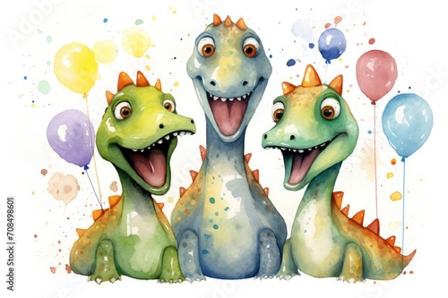 Watercolor illustration of cute dinosaurs with colorful balloons. Greeting birthday card, poster, banner for children.