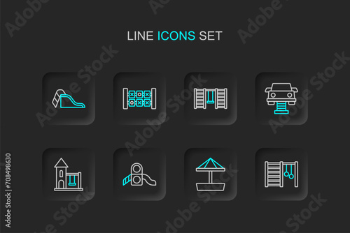 Set line Swedish wall, Sandbox with sand, Slide playground, Swing for kids, car, Education logic game and icon. Vector