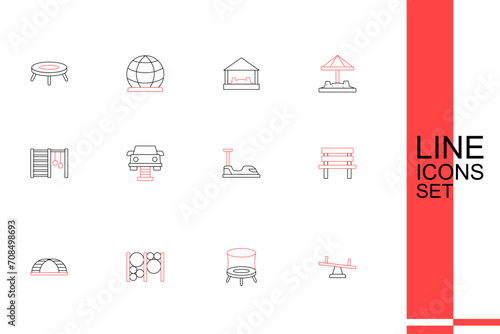 Set line Seesaw, Jumping trampoline, Playground climbing equipment, Monkey bar, Bench, Bumper car, Swing and Swedish wall icon. Vector