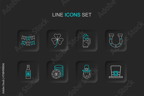 Set line Leprechaun hat, Golden leprechaun coin, Beer bottle with clover, Horseshoe, Glass of beer, Clover trefoil leaf and Carnival garland flags icon. Vector © Iryna