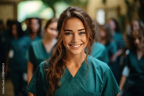 Confident female doctor or nurse in green scrubs