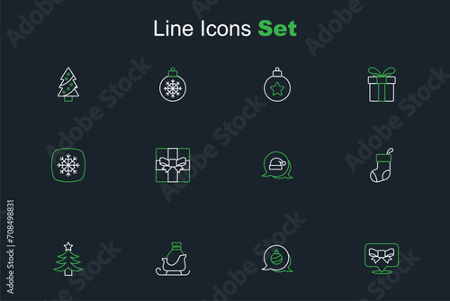 Set line Gift bow, Christmas ball, santa claus sleigh, tree, stocking, Santa Claus hat, box and Snowflake icon. Vector