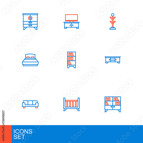 Set line Library bookshelf, Baby crib cradle bed, Sofa, TV table stand, Big, Lamp hanging, Coat and icon. Vector