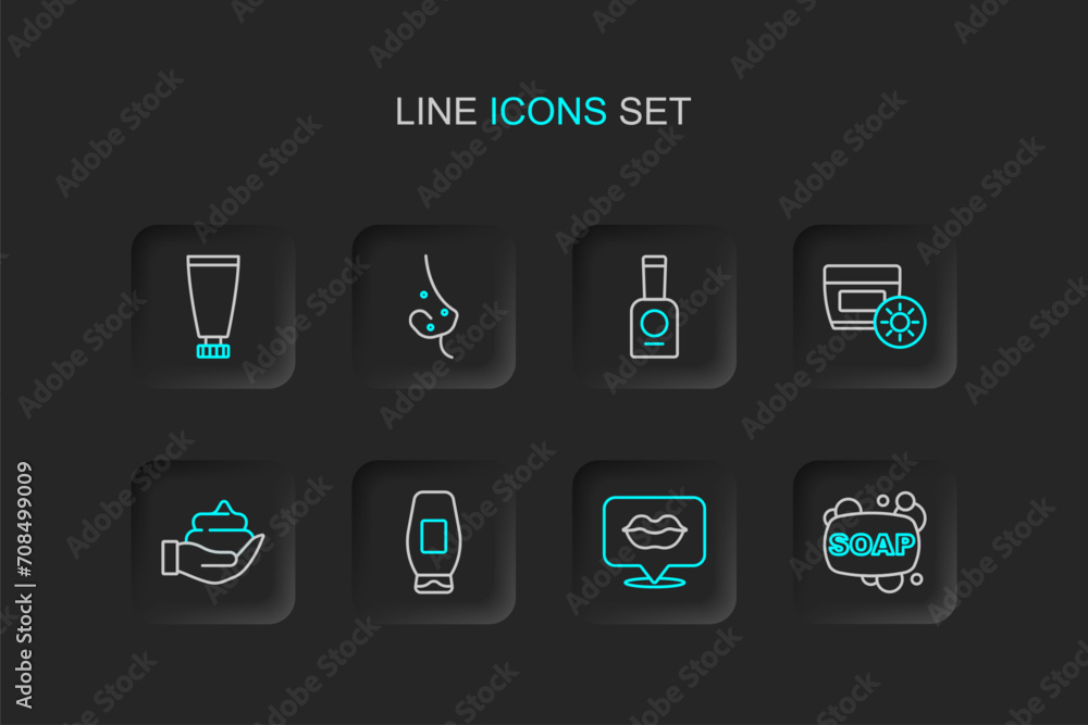 Set line Bar of soap, Smiling lips, Bottle shampoo, Shaving foam on hand, Sunscreen cream tube, nail polish, Acne and Cream or lotion cosmetic icon. Vector Set line Bar of soap, Smiling lips, Bottle shampoo, Shaving foam on hand, Sunscreen cream tube, nail polish, Acne and Cream or lotion cosmetic icon. Vector