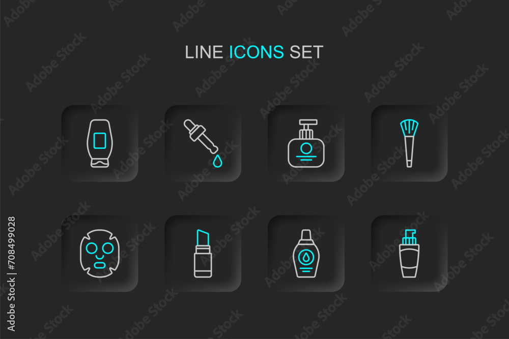 Set line Tube of hand cream, Bottle shampoo, Lipstick, Facial cosmetic mask, Makeup brush, Pipette with oil and icon. Vector