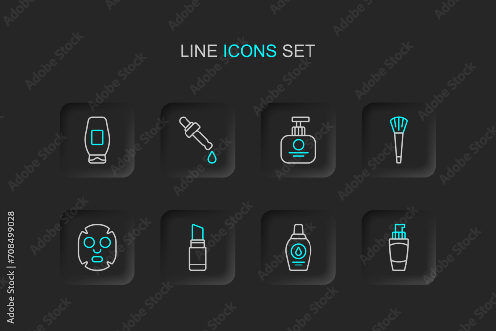 Set line Tube of hand cream, Bottle shampoo, Lipstick, Facial cosmetic mask, Makeup brush, Pipette with oil and icon. Vector Set line Tube of hand cream, Bottle shampoo, Lipstick, Facial cosmetic mask, Makeup brush, Pipette with oil and icon. Vector