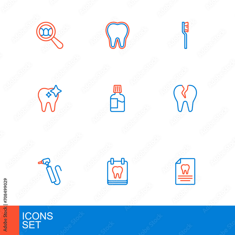 Set line Clipboard with dental card, Calendar tooth, Tooth drill, Broken, whitening, Mouthwash, Toothbrush and icon. Vector Set line Clipboard with dental card, Calendar tooth, Tooth drill, Broken, whitening, Mouthwash, Toothbrush and icon. Vector
