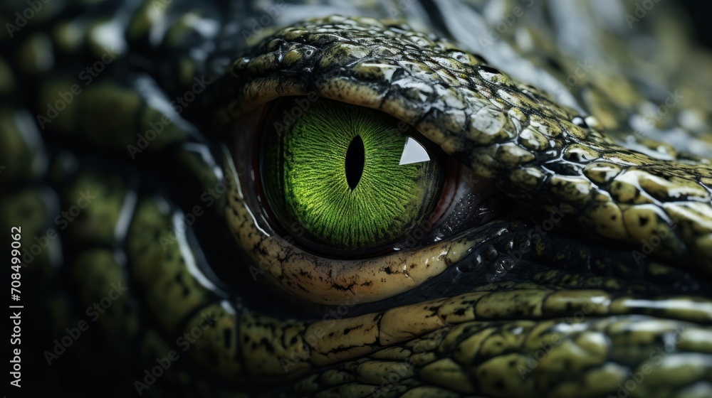 Close up AI-generated image of alligator eye staring menacingly. Close up AI-generated image of alligator eye staring menacingly.