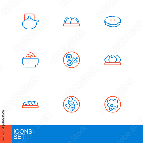 Set line Rice in a bowl, Served cucumber on plate, Fish steak, Dumpling, Wonton, Homemade pie and Sushi icon. Vector