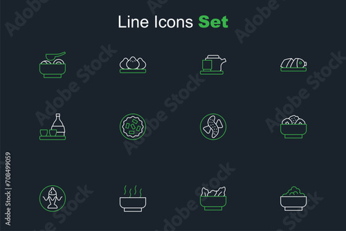 Set line Rice in a bowl, Wonton, Ramen soup, Served fish plate, Chow mein, cucumber, Homemade pie and Bottle of sake icon. Vector