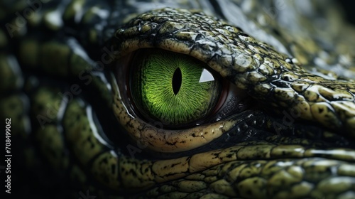 Close up AI-generated image of alligator eye staring menacingly.