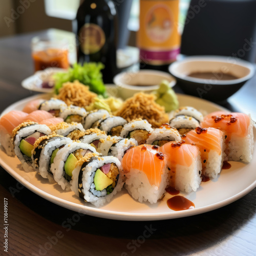 Japanese cuisine: set of rolls and soy sauce on restaurant table