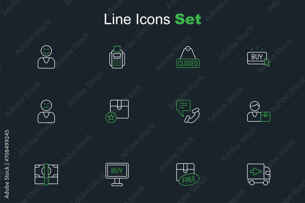 Naklejka premium Set line Delivery cargo truck, Cardboard box with free symbol, Buy button, Stacks paper money cash, Buyer, Telephone 24 hours support, Carton cardboard and Angry customer icon. Vector