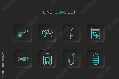 Set line Fishing net, Fisherman, Inflatable boat with motor, skeleton, Served fish plate, rod, lure and icon. Vector
