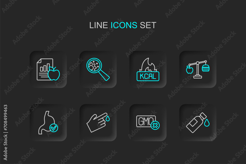 Set line Bottle of water, No GMO, Finger blood, Human stomach health, Calorie calculator, Kcal, and Diet plan icon. Vector Set line Bottle of water, No GMO, Finger blood, Human stomach health, Calorie calculator, Kcal, and Diet plan icon. Vector