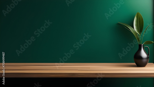 Empty table on dark green texture wall background   Mock up for presentation  branding products  cosmetics food or jewelry