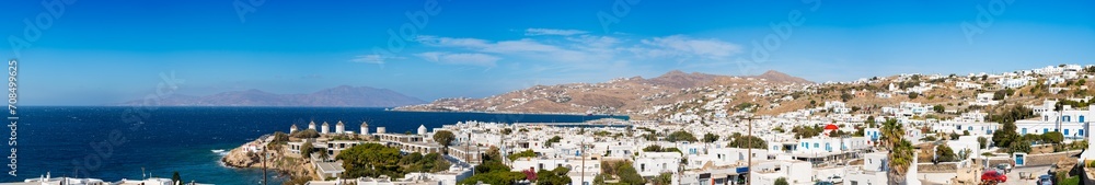 Panorama of Mykonos town at Mykonos island in Greece