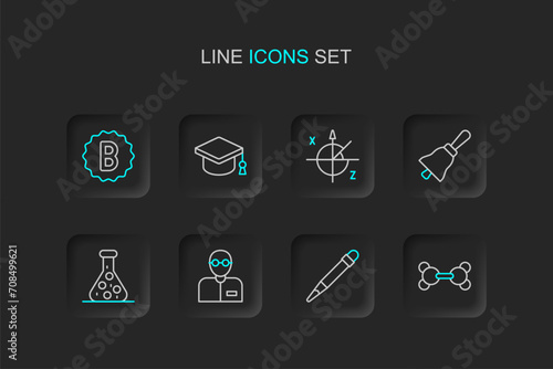 Set line Molecule, Pencil with eraser, Teacher, Test tube, Ringing bell, Trigonometric circle, Graduation cap and Exam paper incorrect answers icon. Vector