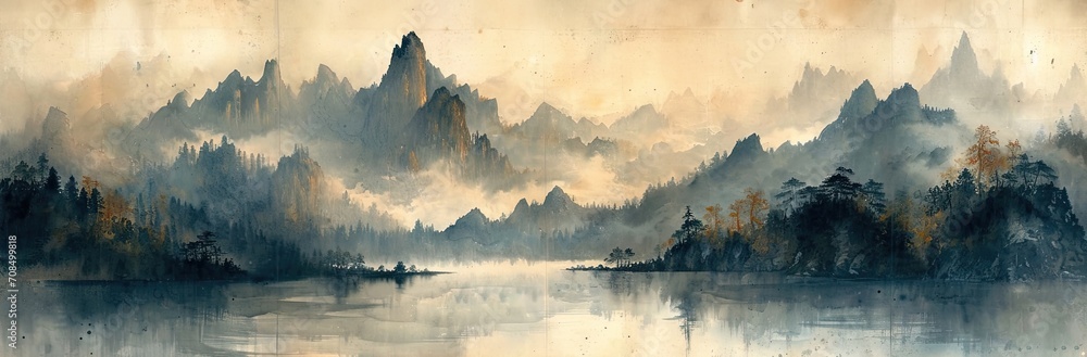 Chinese watercolor painting on wash paper with mountain, fog and trees - obrazy, fototapety, plakaty 