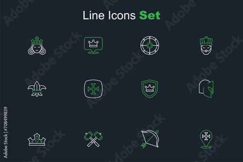 Set line Crusade, Medieval bow and arrow, Crossed battle hammers, King crown, helmet, Shield with, and Fleur lys or lily flower icon. Vector