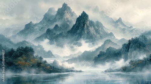 Chinese watercolor painting on wash paper with mountain, fog and trees