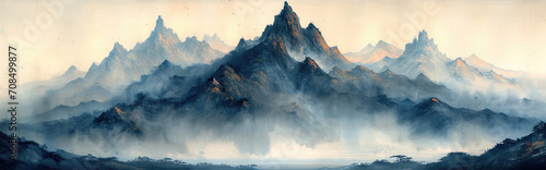 Chinese watercolor painting on wash paper with mountain, fog and trees photo