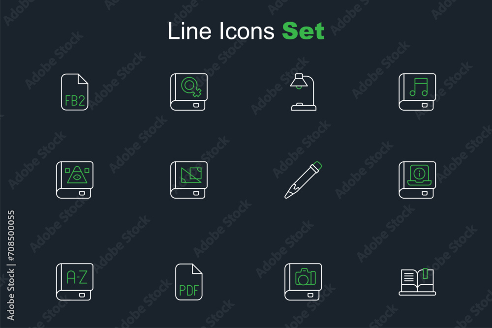 Set line Open book, Photo album gallery, PDF file document, Translator, User manual, Pencil with eraser, Book about geometry and Ancient magic icon. Vector Set line Open book, Photo album gallery, PDF file document, Translator, User manual, Pencil with eraser, Book about geometry and Ancient magic icon. Vector