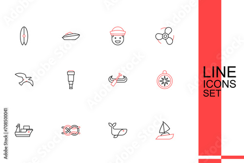 Set line Yacht sailboat, Whale, Nautical rope knots, Cargo ship, Compass, Kayak and paddle, Spyglass telescope lens and Bird seagull icon. Vector