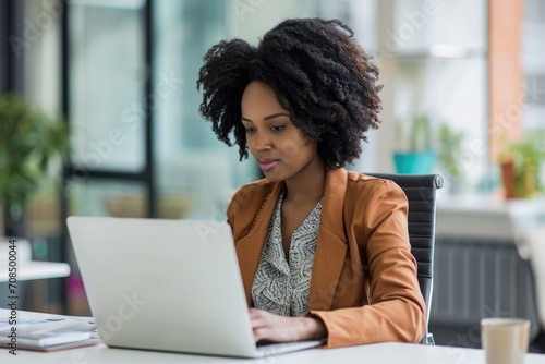 Black businesswoman sitting at her desk working on a laptop computer, modern office