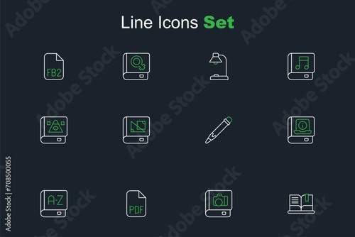 Set line Open book, Photo album gallery, PDF file document, Translator, User manual, Pencil with eraser, Book about geometry and Ancient magic icon. Vector