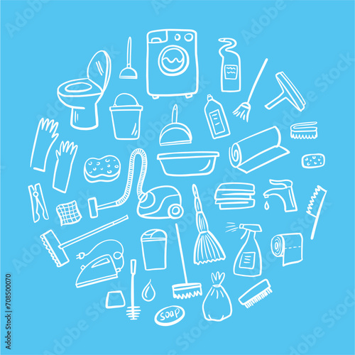 Vector, round illustration of a collection of household cleaning, washing and disinfection equipment hand-drawn in doodle style