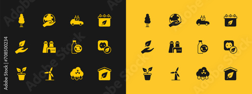 Set Calendar with autumn leaves, Wind turbine, Recycling plastic bottle, Acid rain radioactive cloud, Factory production, Electric car, Tree and Hand holding Earth globe icon. Vector