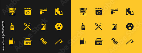 Set Hunter boots, Ammunition box, Camping lantern, Hunting cartridge belt, Burning match with fire, Pistol or gun, Quiver arrows and Target sport icon. Vector