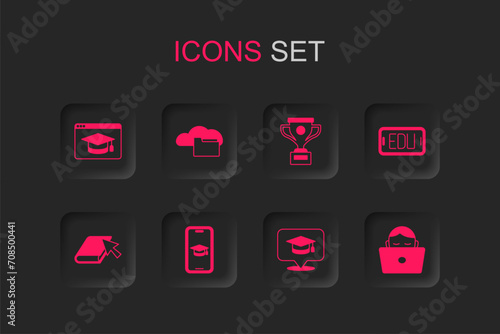 Set Graduation cap on mobile, Cloud or online library, Online education, speech bubble, Student working laptop, Award cup and book icon. Vector