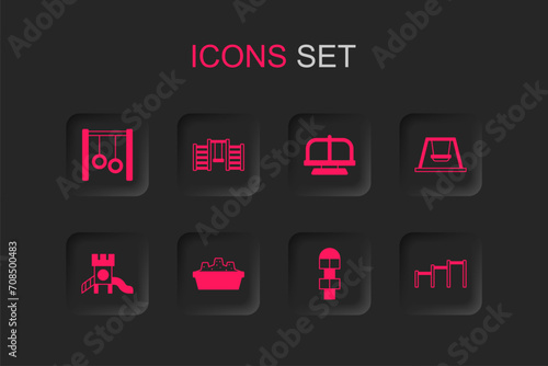 Set Sandbox with sand, Swedish wall, Gymnastic rings, Hopscotch, Swing for kids, Sport horizontal bar, Attraction carousel and Slide playground icon. Vector