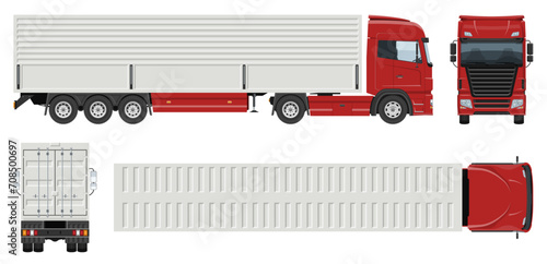 Wing van trailer truck vector template with simple colors without gradients and effects. View from the side, front, back, and top