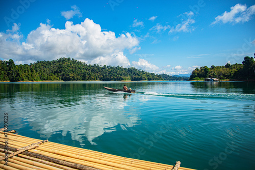 Khao Sok National Park, Surat Thani, Landscape Mountains with longtail boat for travelers, Cheow Lan lake, Ratchaphapha dam, Travel nature in Thailand, Asia summer vacation travel trip. 