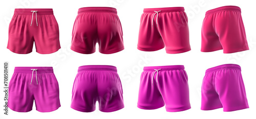 2 Set of magenta purple pink, unisex running sports shorts boxer bottom, front, back and side view on transparent background cutout, PNG file. Mockup template for artwork graphic design.