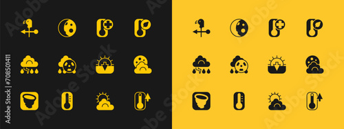 Set Thermometer, Sunset, and cloud weather, Acid rain radioactive, Rooster vane and Moon phases icon. Vector
