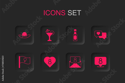 Set Heart with 8 March, Martini glass, Elegant women hat, Envelope, speech bubble, Champagne bottle and Feminist activist icon. Vector