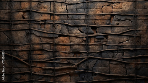wooden damaged wall with metal rods reinforcement