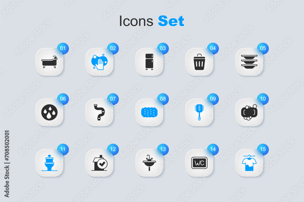 Set Toilet, Industry metallic pipe, Sponge, bowl, Drying clothes, Bar of soap, Bathtub and icon. Vector Set Toilet, Industry metallic pipe, Sponge, bowl, Drying clothes, Bar of soap, Bathtub and icon. Vector