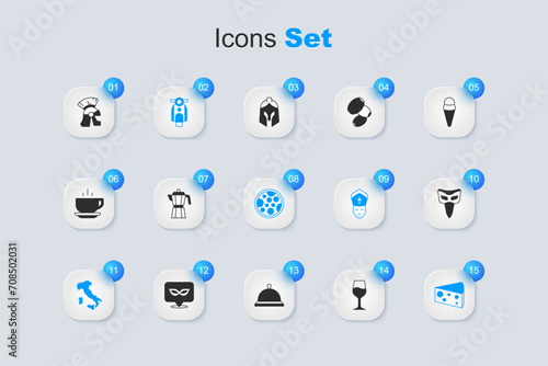Set Wine glass, Coffee maker moca pot, Scooter, Map Italy, Cheese, Carnival mask, Roman army helmet and Pizza icon. Vector