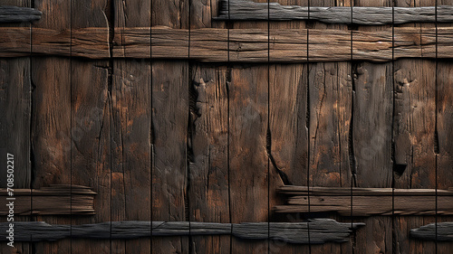 wooden damaged wall with metal rods reinforcement