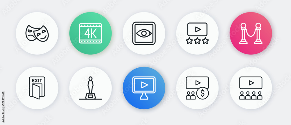 Set line Online play video, Rope barrier, Fire exit, Cinema auditorium with screen, Rating movie, and Movie trophy icon. Vector Set line Online play video, Rope barrier, Fire exit, Cinema auditorium with screen, Rating movie, and Movie trophy icon. Vector