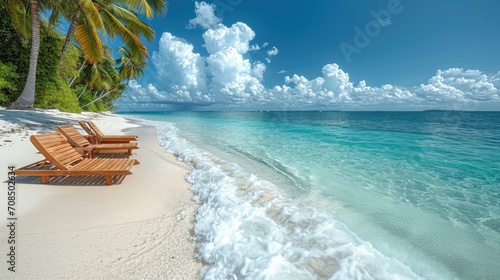 Beautiful sandy beach with white sand and rolling calm wave of turquoise ocean on Sunny day