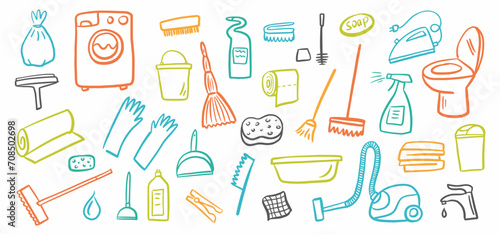 Vector collection of household cleaning, washing and disinfection equipment hand-drawn in doodle style