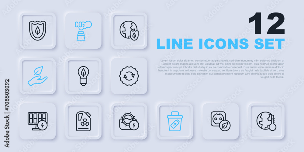 Set line Electrical outlet, Earth melting to global warming, Light bulb with leaf, Trash can, Leaf hand, Radioactive waste barrel, CO2 emissions cloud and Water mill icon. Vector Set line Electrical outlet, Earth melting to global warming, Light bulb with leaf, Trash can, Leaf hand, Radioactive waste barrel, CO2 emissions cloud and Water mill icon. Vector