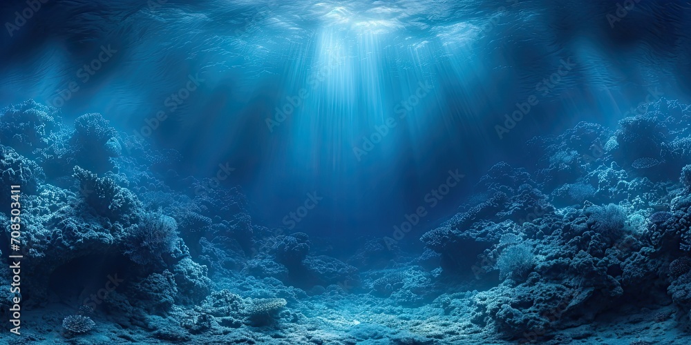 panorama of deep sea underwater scene with volume lights