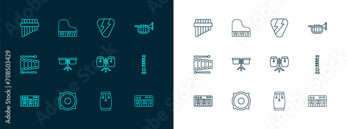 Set line Trumpet, Stereo speaker, Conga drums, Bongo, Guitar pick, Pan flute and Grand piano icon. Vector